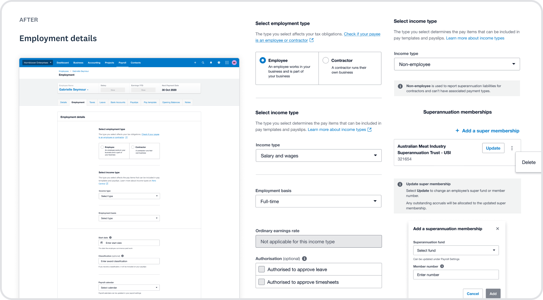 After redesign: Employment tab showing employment type, income type, superannuation memberships, and related progressive disclosure.