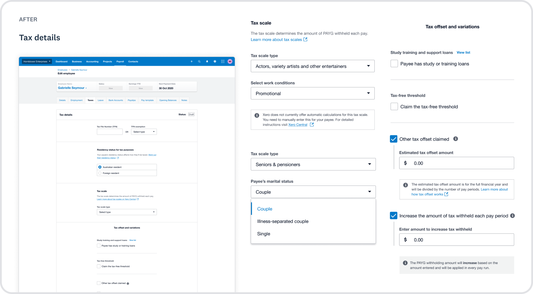 After redesign: Taxes tab with tax scale, conditional fields, and tax offsets with progressive disclosure.