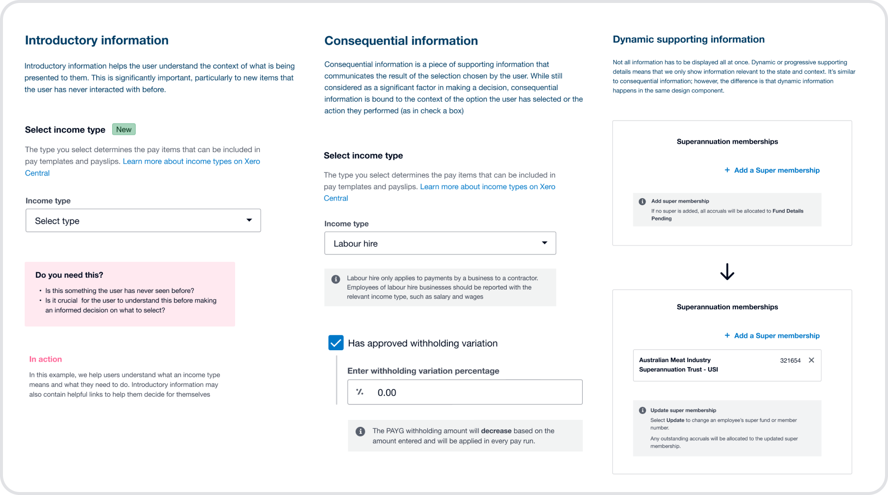 Content as a design layer: introductory, consequential, and dynamic supporting information patterns in payroll forms.