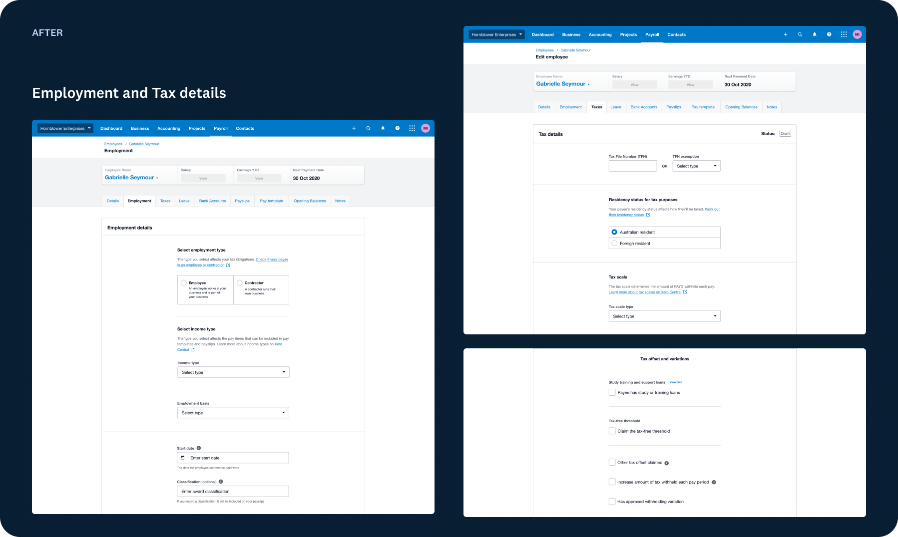 Xero payroll screens: Employment tab and Tax Declaration showing where employee and tax details appear in the product.