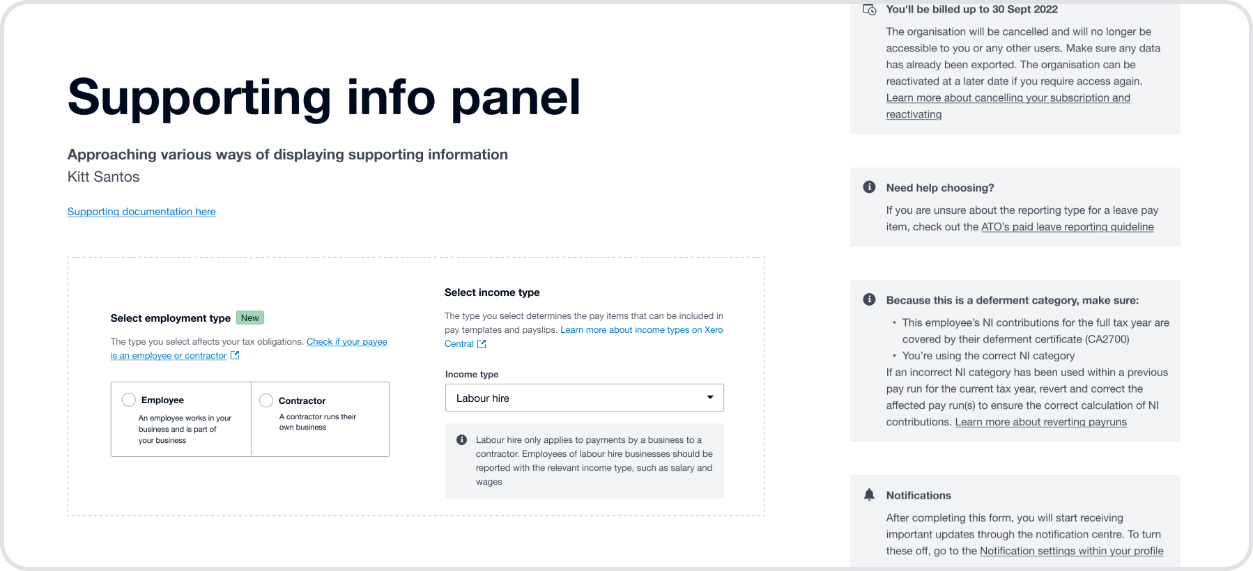 Supporting info panel: employment and income type UI with inline help, and sidebar examples of billing, help, and notification patterns.